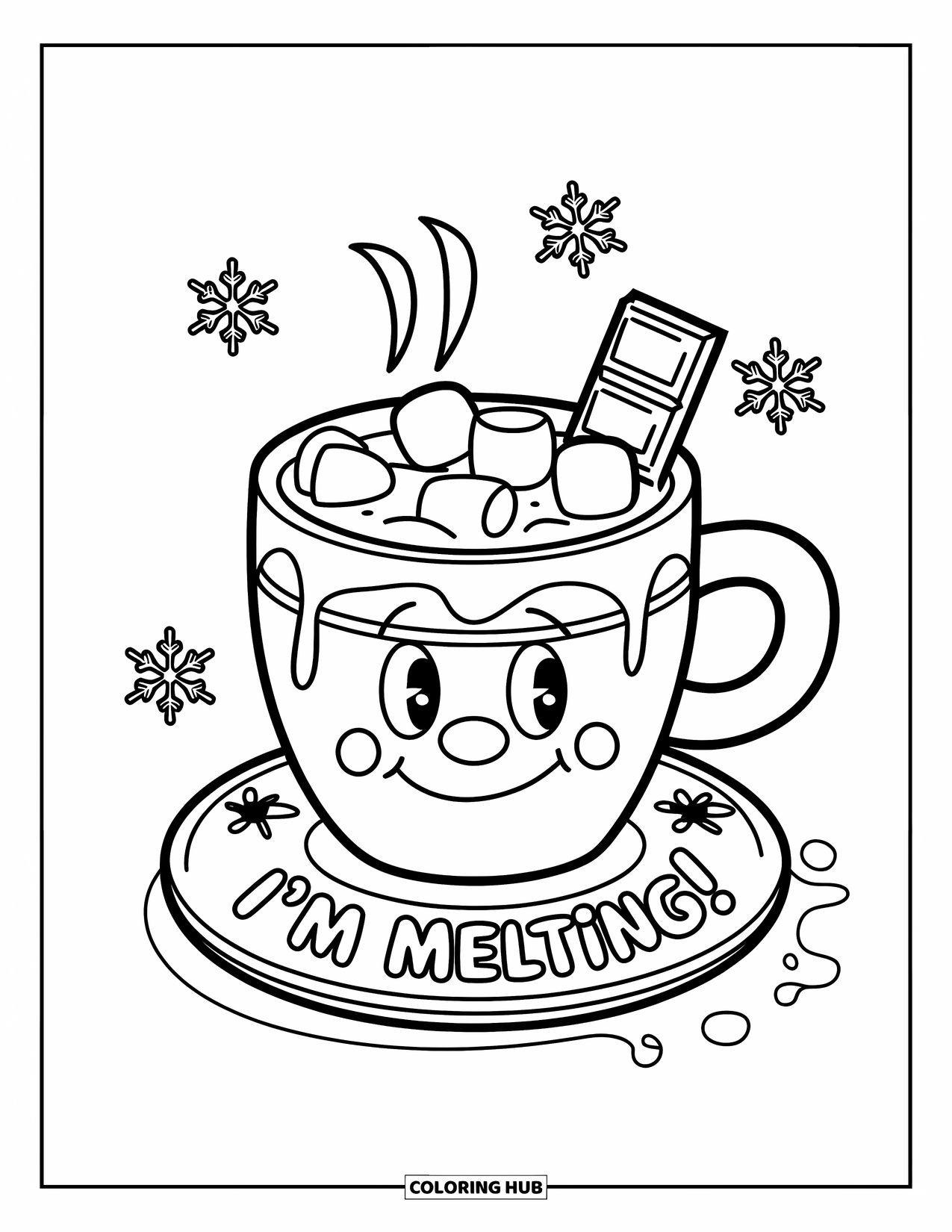 Hot Chocolate Coloring Page for Kids: A smiling cocoa mug with marshmallows and a chocolate bar on a coaster