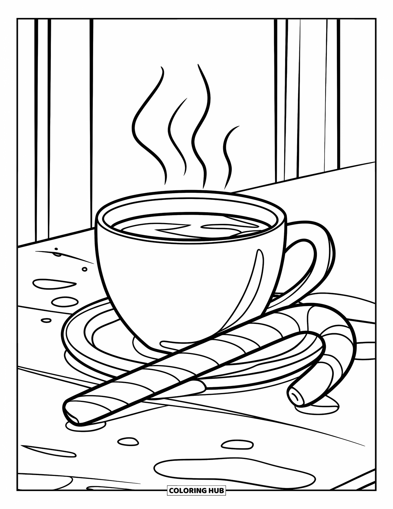 Hot Chocolate Coloring Page for Kids: A steaming cocoa cup with a candy cane and cocoa droplets