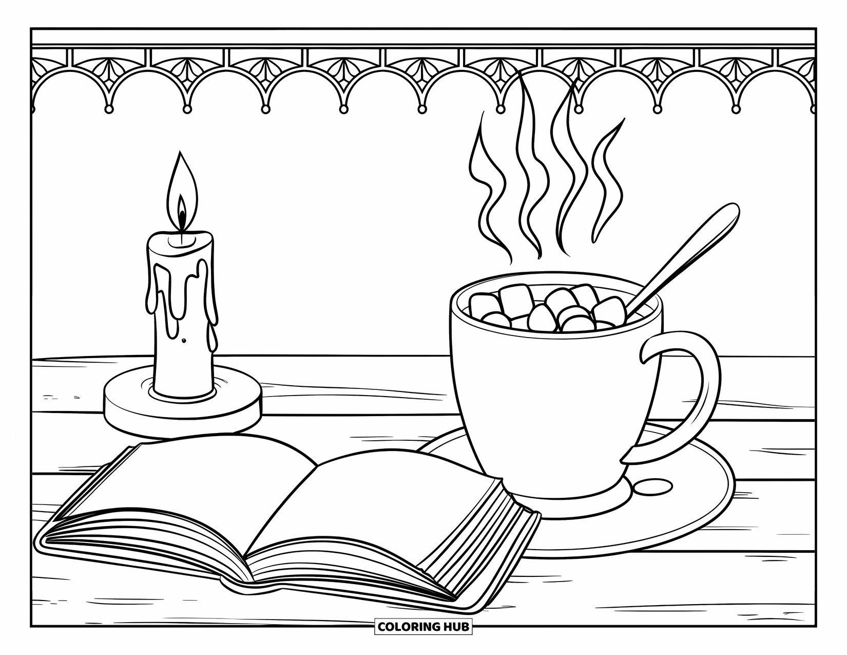 Hot Chocolate Coloring Page for Kids: A steaming cocoa mug and open book with a candle on a wooden table