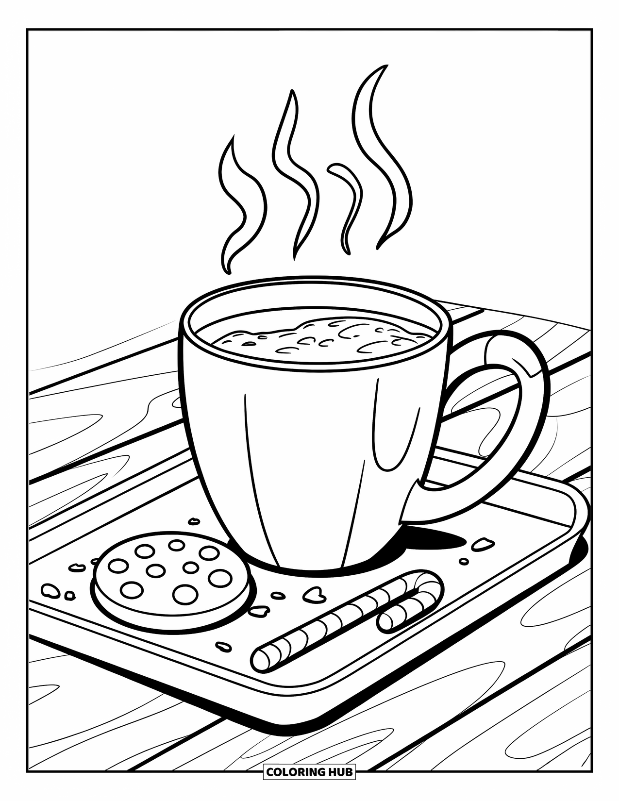 Hot Chocolate Coloring Page for Kids: A steaming cocoa mug with crumbs and a candy cane