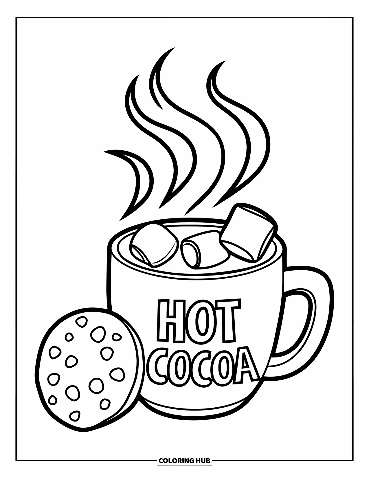 Hot Chocolate Coloring Page for Kids: A steaming cocoa mug with marshmallows and a cookie beside it