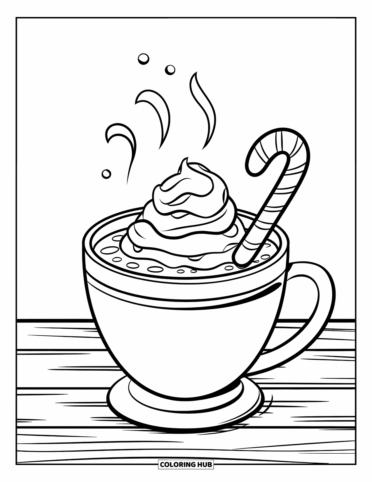 Hot Chocolate Coloring Page for Kids: A steaming cocoa mug with whipped cream and a candy cane