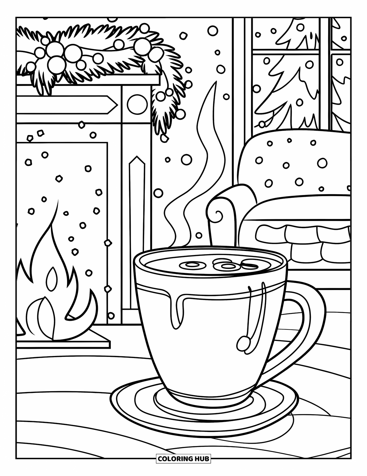 Hot Chocolate Coloring Page for Kids: A warm room with a cocoa mug, fireplace, and Christmas decorations