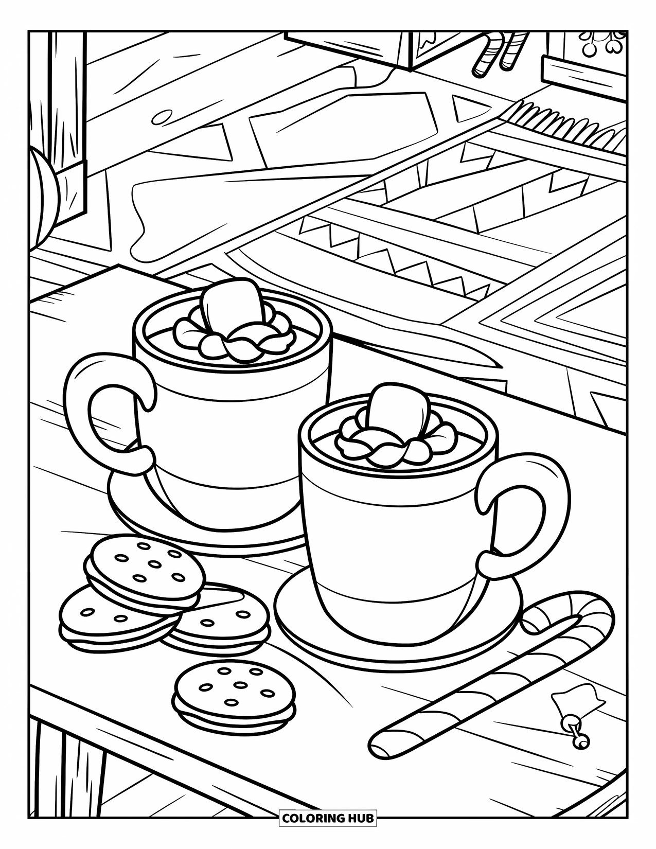 Hot Chocolate Coloring Page for Kids: Hot chocolate mugs with cookies and candy canes on a festive wooden table