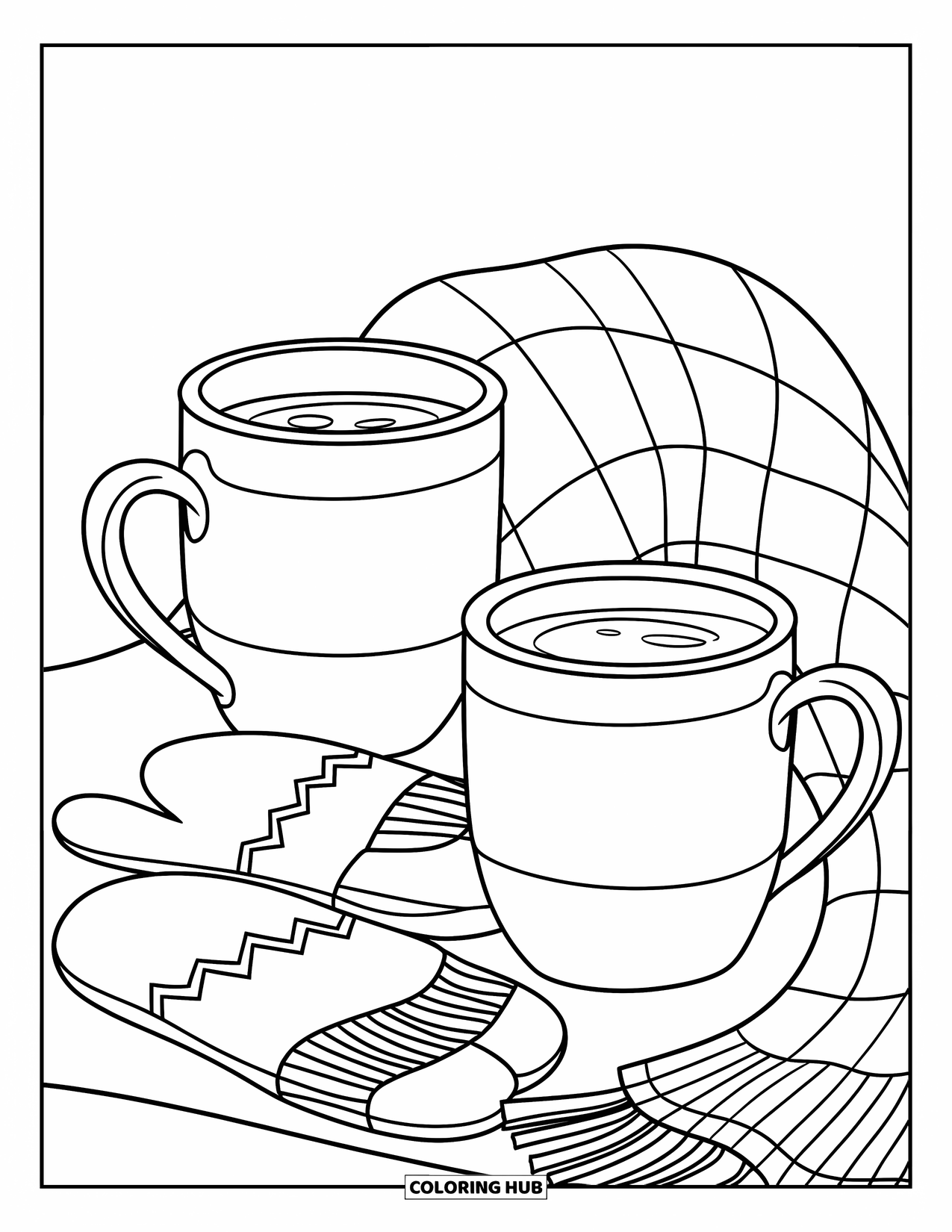 Hot Chocolate Coloring Page for Kids: Two cocoa mugs beside mittens and a scarf