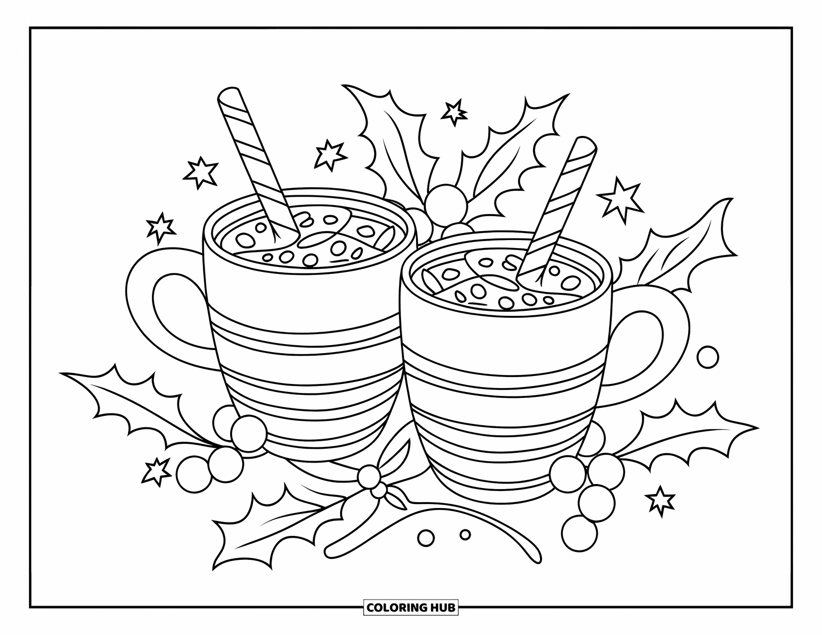 Hot Chocolate Coloring Page for Kids: Two cocoa mugs with holly and stars create a cheerful holiday setting