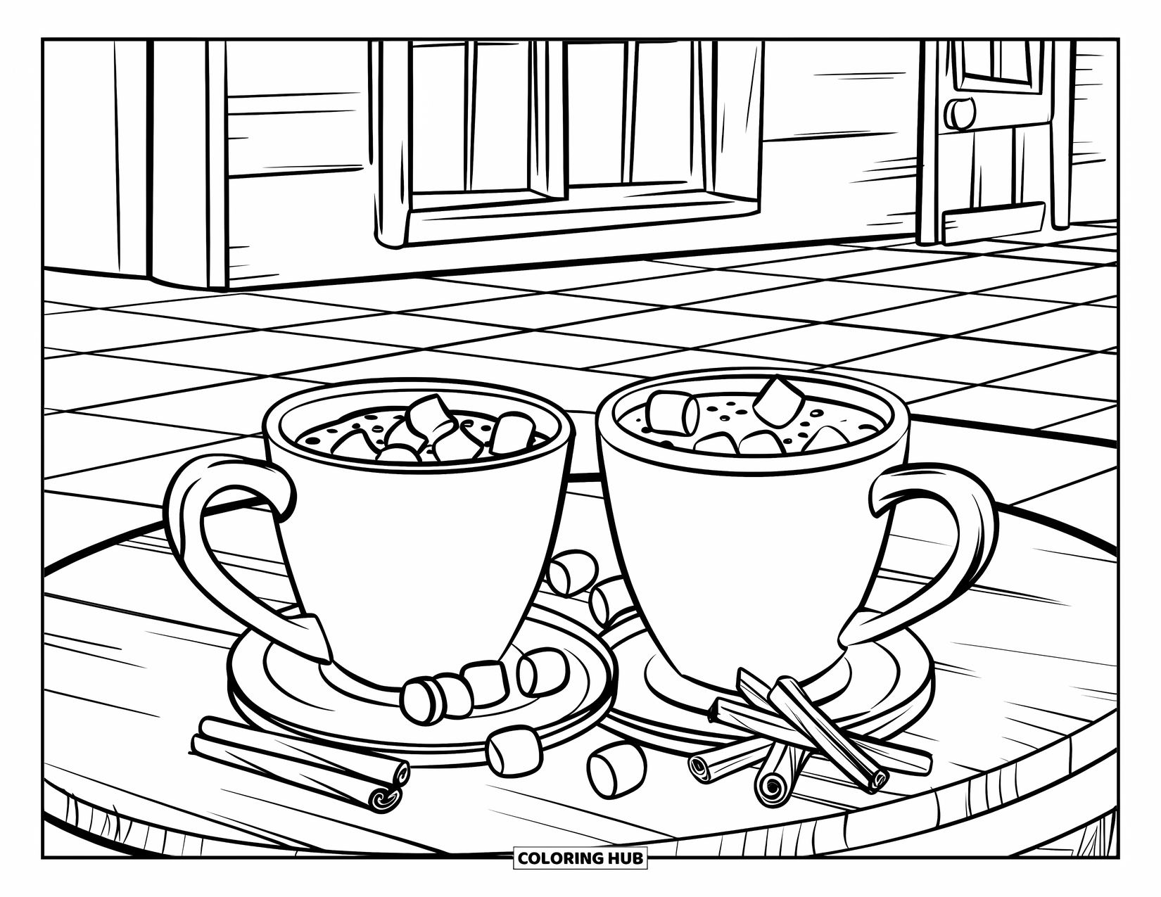 Hot Chocolate Coloring Page for Kids: Two cocoa mugs with marshmallows and cinnamon sticks