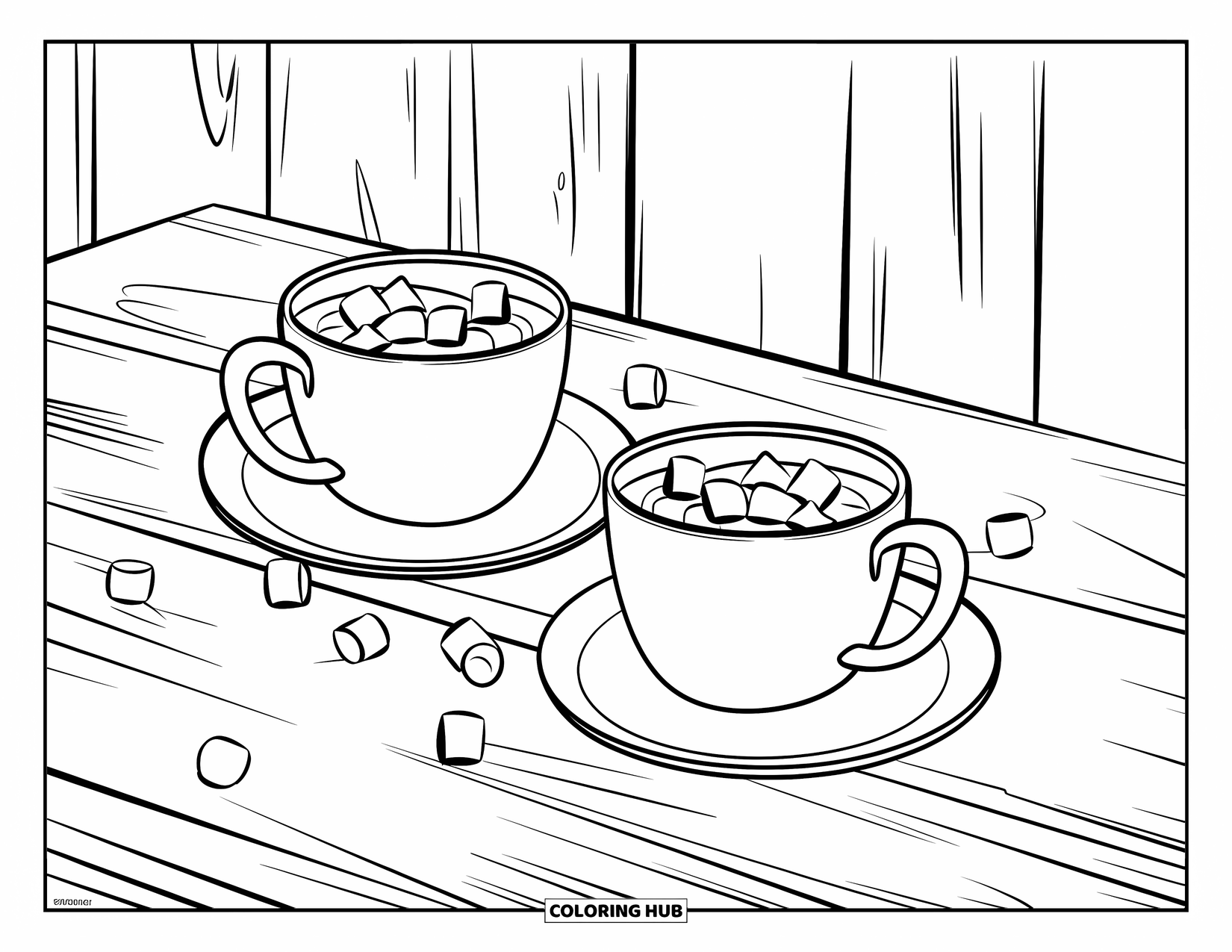 Hot Chocolate Coloring Page for Kids: Two cocoa mugs with marshmallows on a table