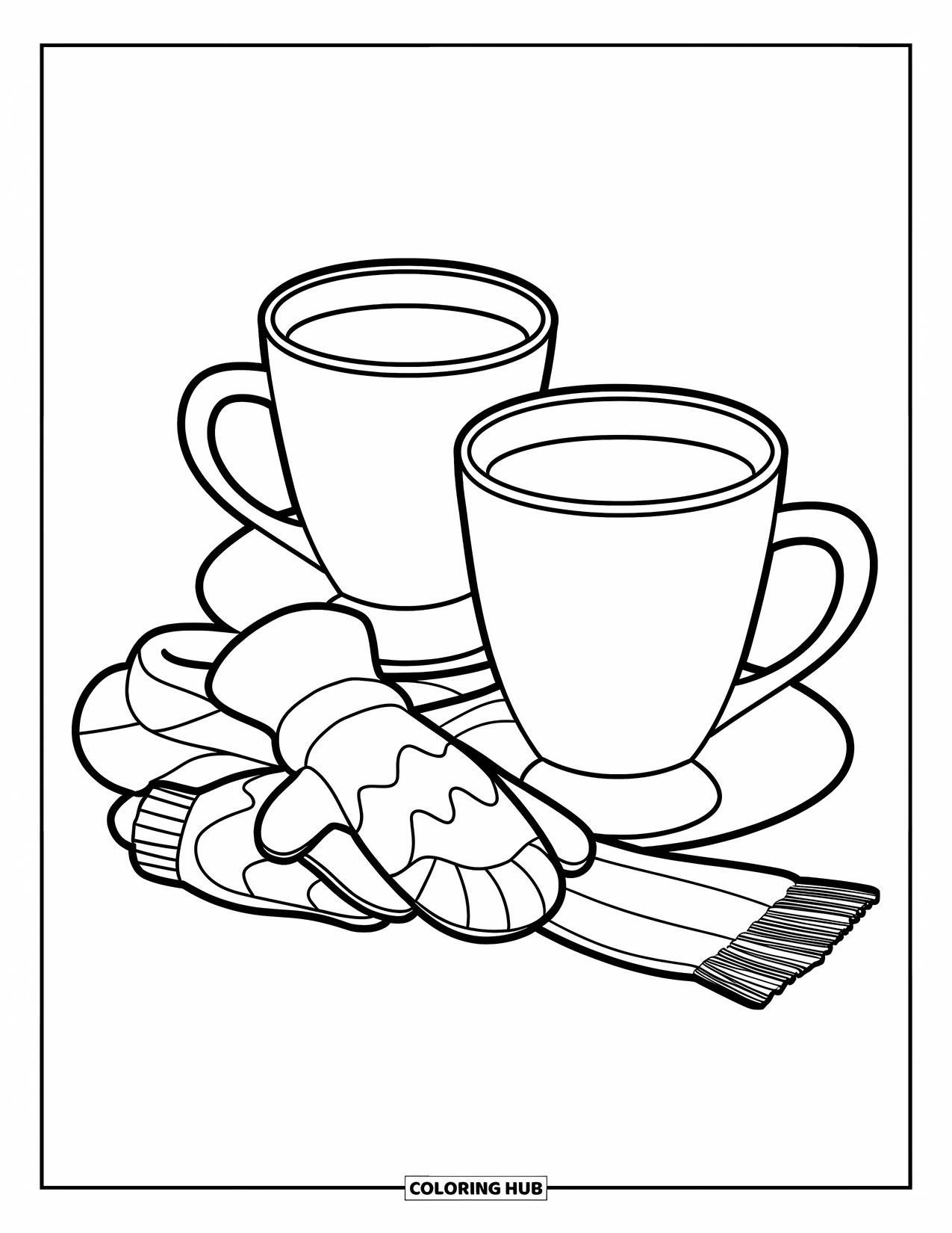 Hot Chocolate Coloring Page for Kids: Two cocoa mugs with mittens and a scarf