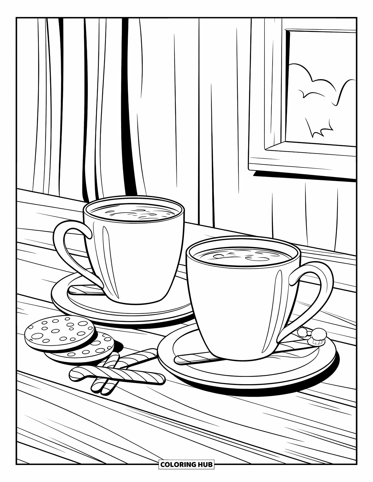 Hot Chocolate Coloring Page for Kids: Two mugs of hot chocolate with cookies and candy canes on a wooden table