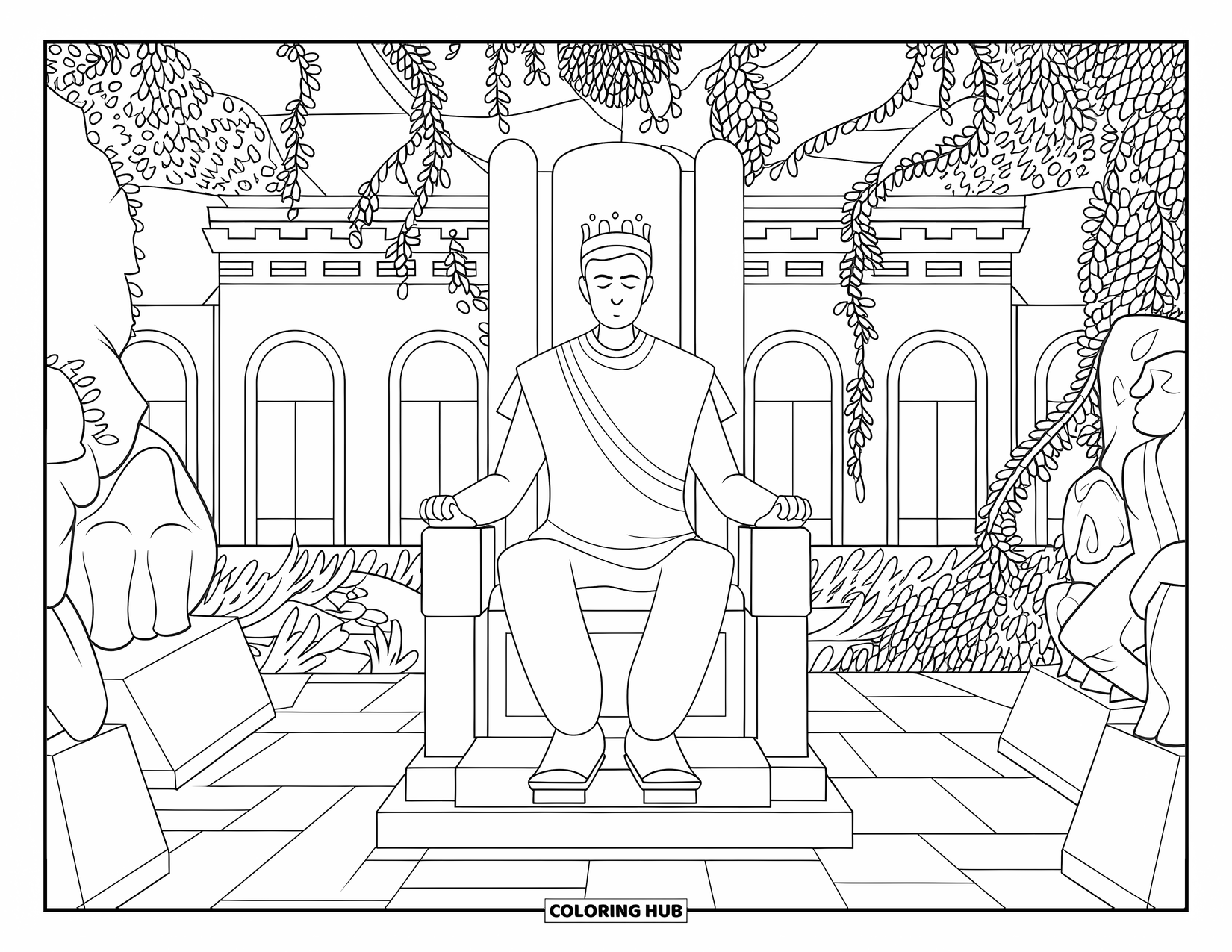 King Coloring Page for Adults: A calm king meditates peacefully in a vine-covered royal garden