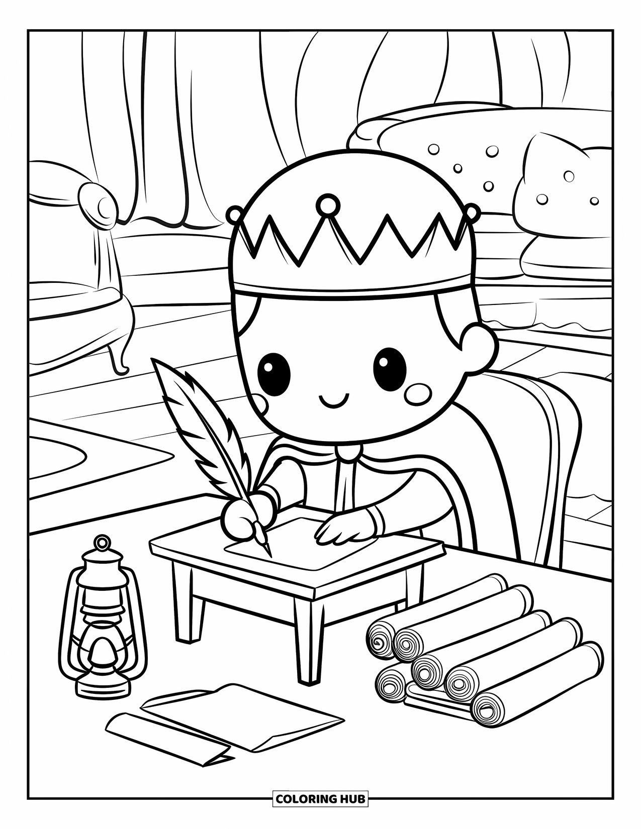 King Coloring Page for Adults: A cute king writes letters at a tiny desk with scrolls and a lantern