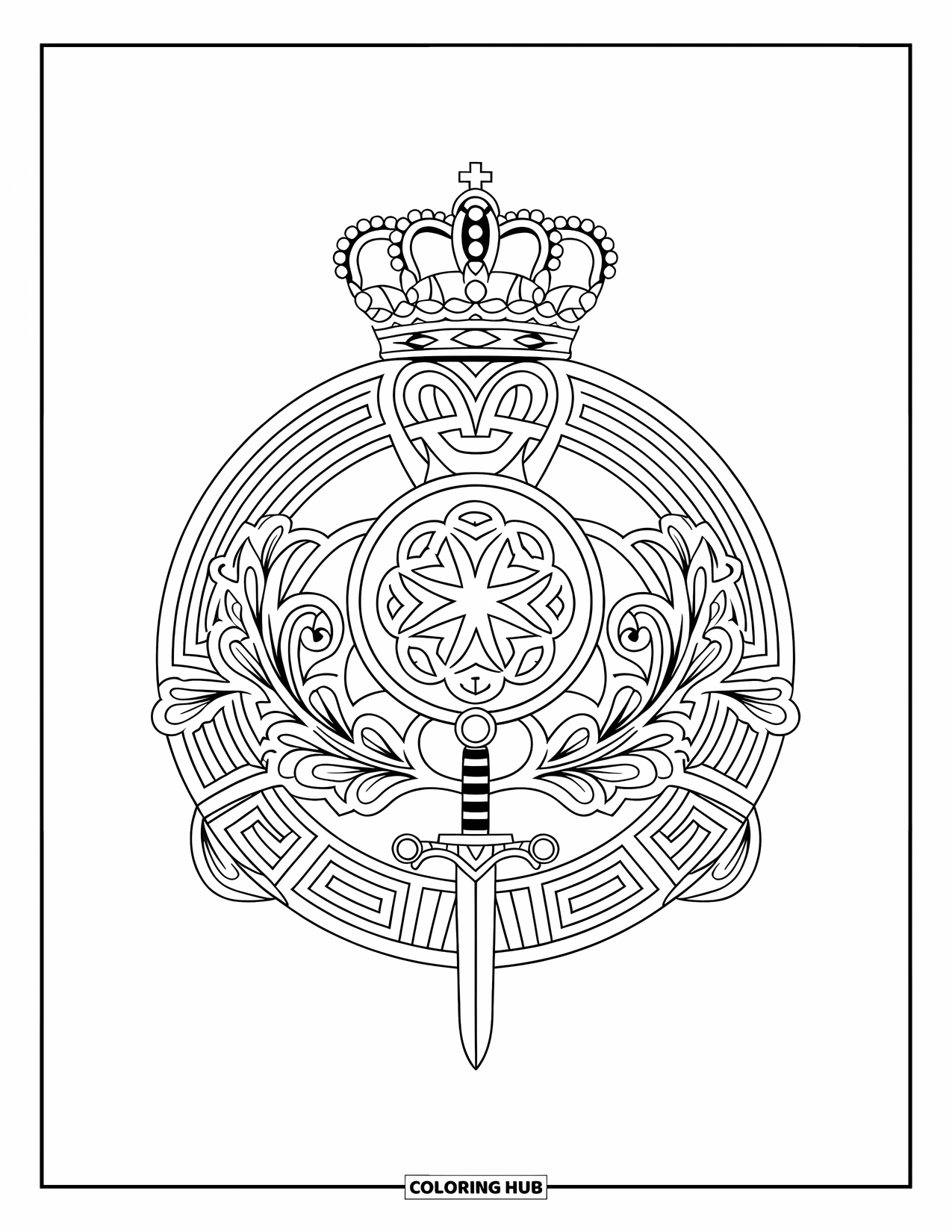 King Coloring Page for Adults: A detailed crest with a crowned shield, sword, and circular border