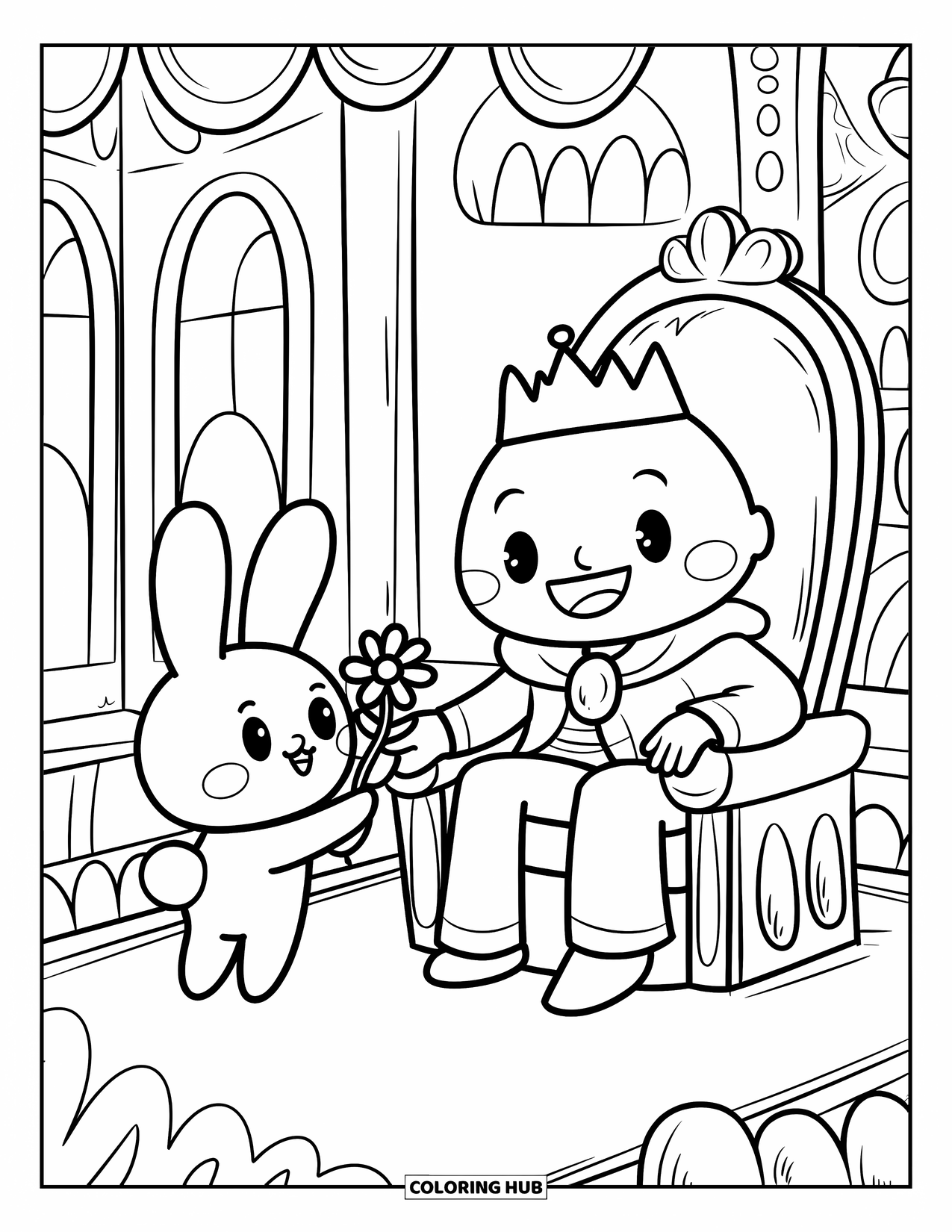 King Coloring Page for Adults: A gentle king smiles as a bunny presents him with a flower