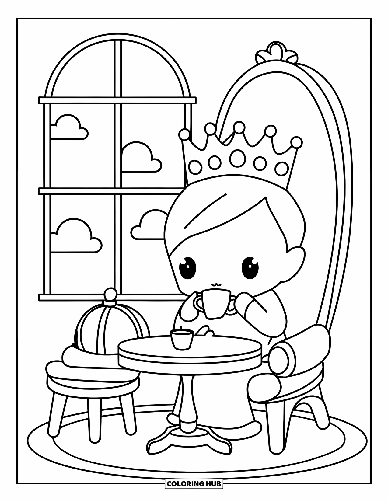 King Coloring Page for Adults: A kawaii king enjoys tea by the fireplace near his resting crown