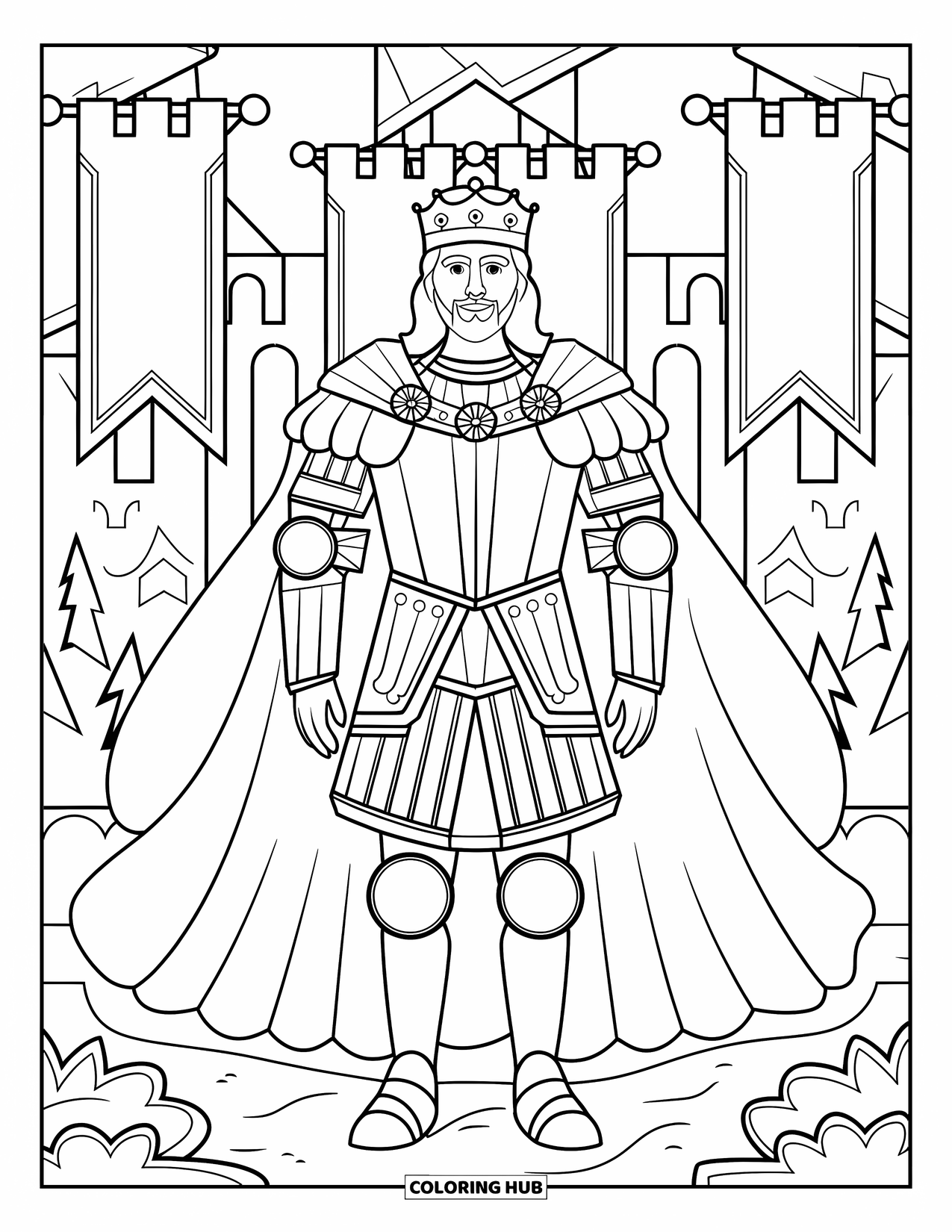 King Coloring Page for Adults: A standing king in ornate armor poses near a castle and trees