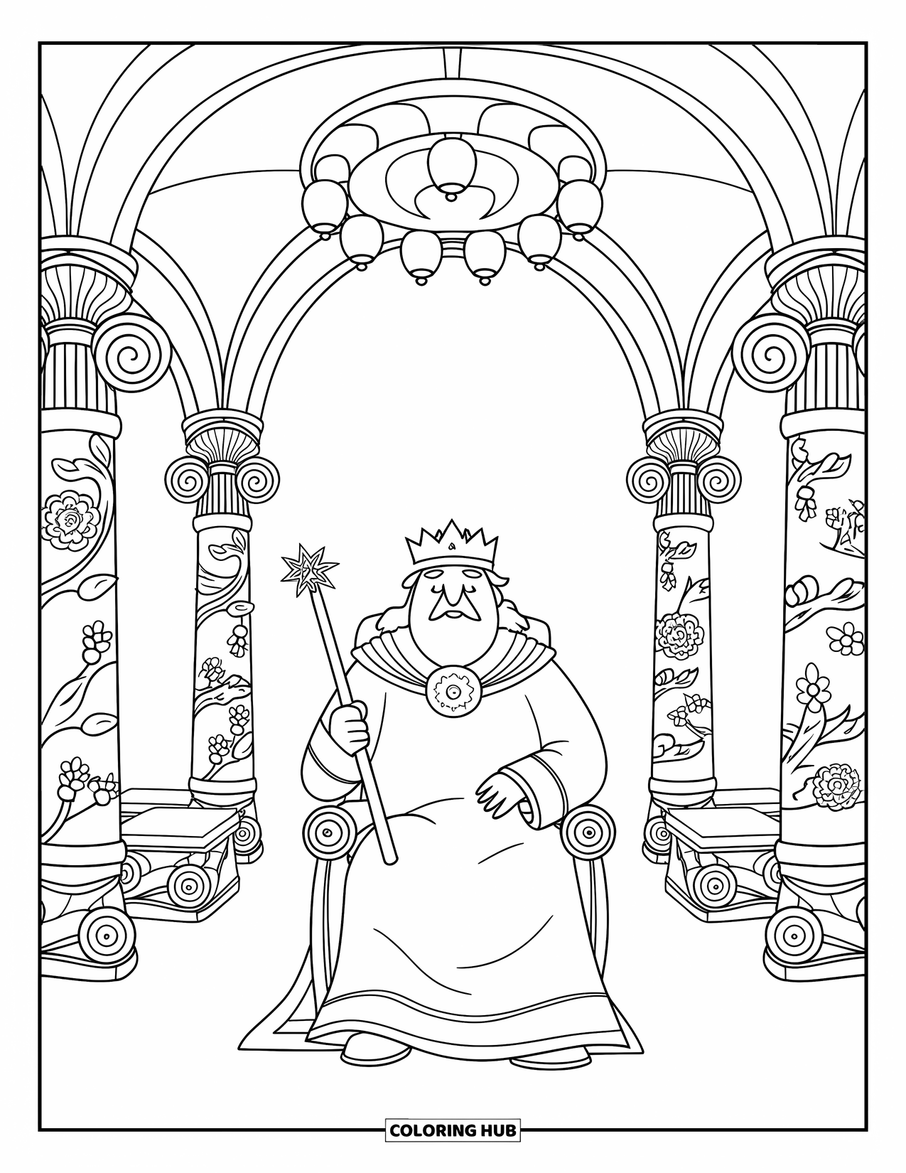 King Coloring Page for Adults: A wise king sits on his throne beneath a grand chandelier