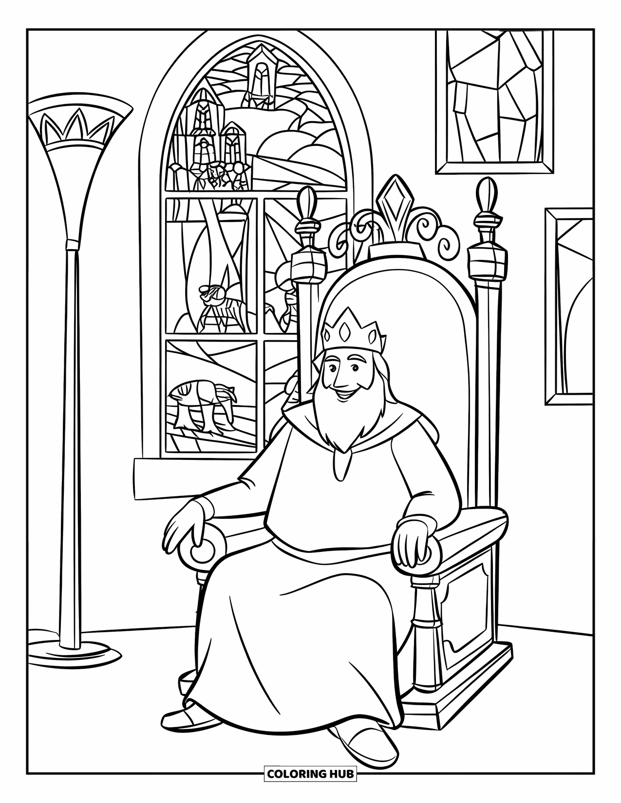 King Coloring Page for Kids: A bearded king sits beside a window of stained glass art