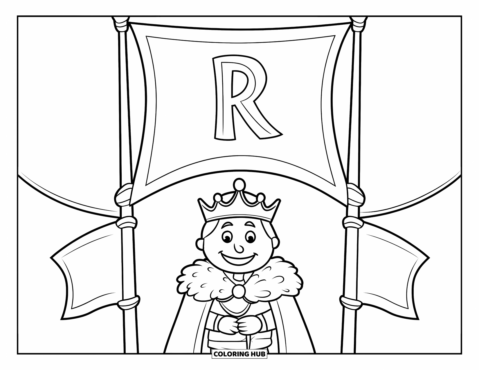 King Coloring Page for Kids: A cheerful king stands beneath a banner with an R and two flags