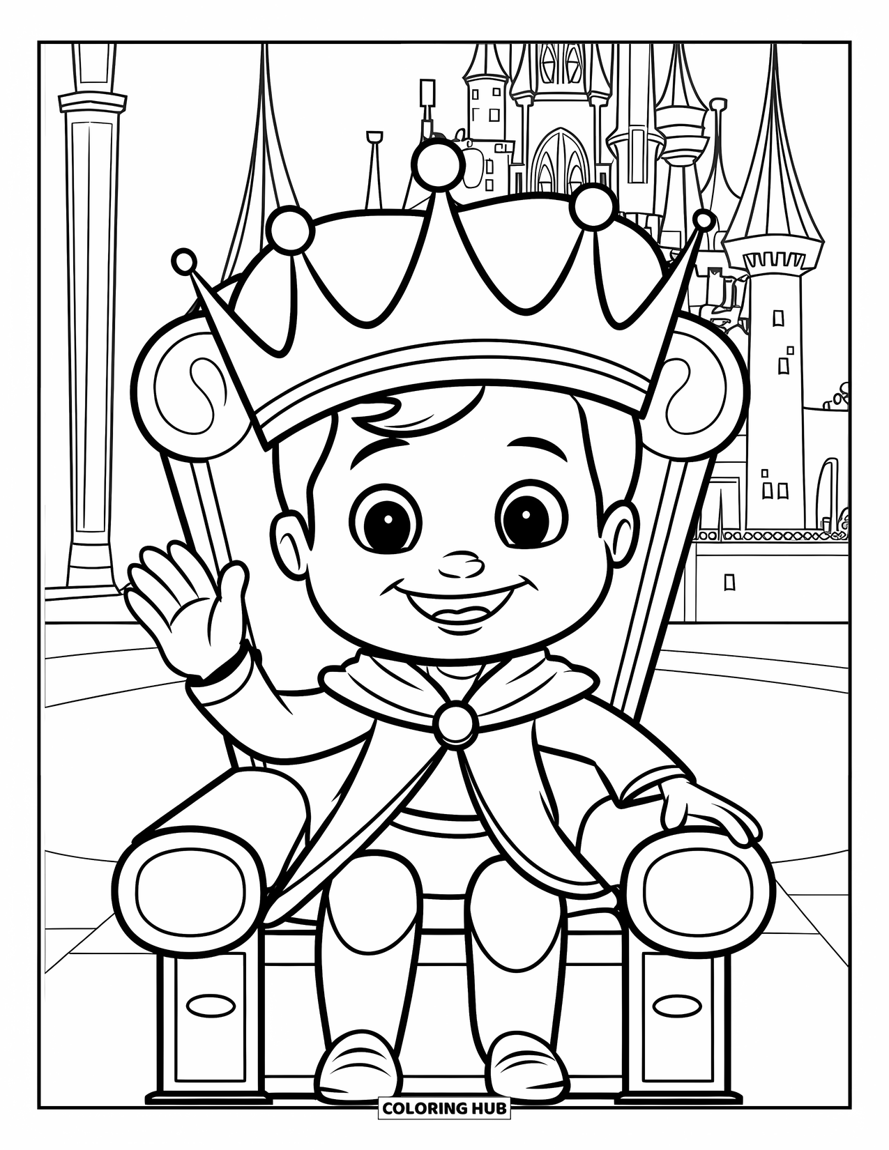 King Coloring Page for Kids: A cheerful king waves joyfully while sitting on his throne