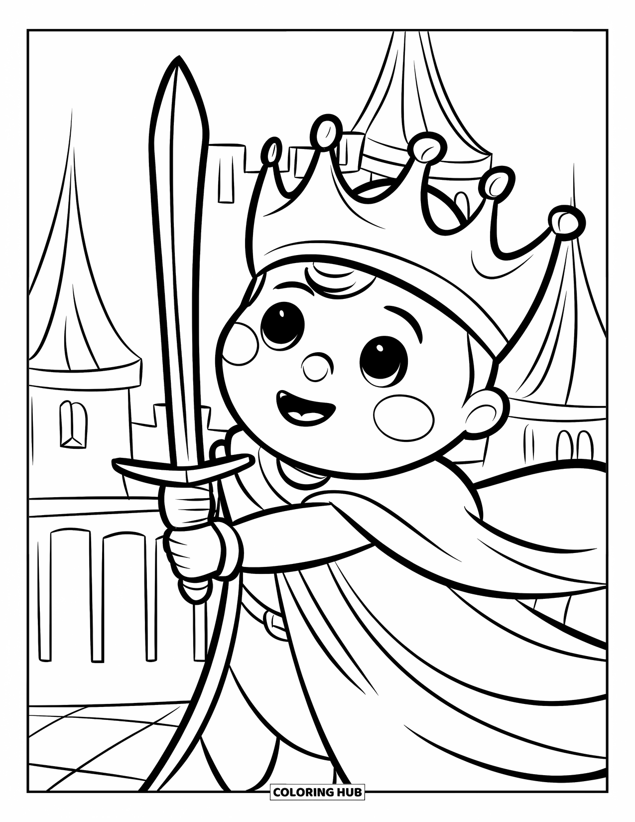 King Coloring Page for Kids: A cheerful king with a crown holds his sword before the castle