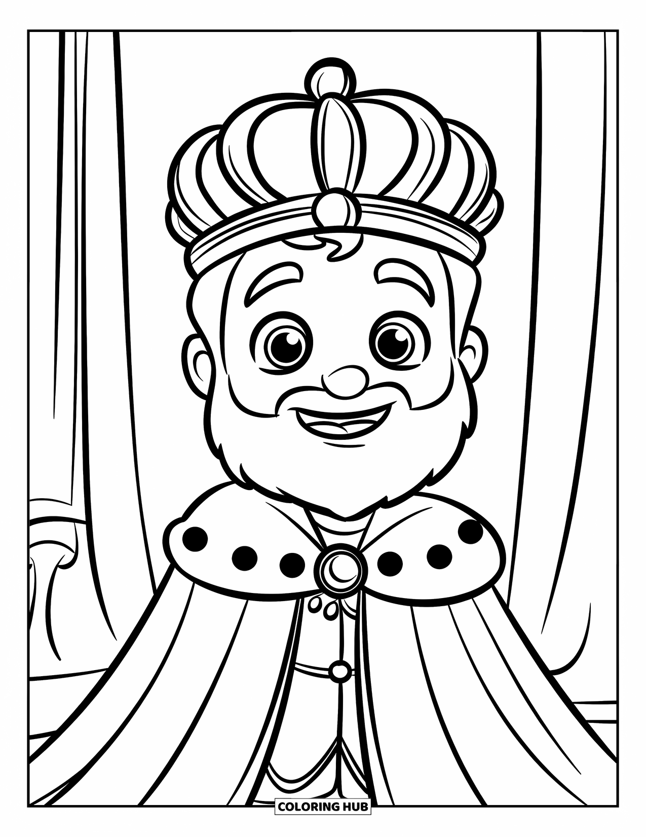 King Coloring Page for Kids: A cheerful king with a crown smiles with bright, kind eyes