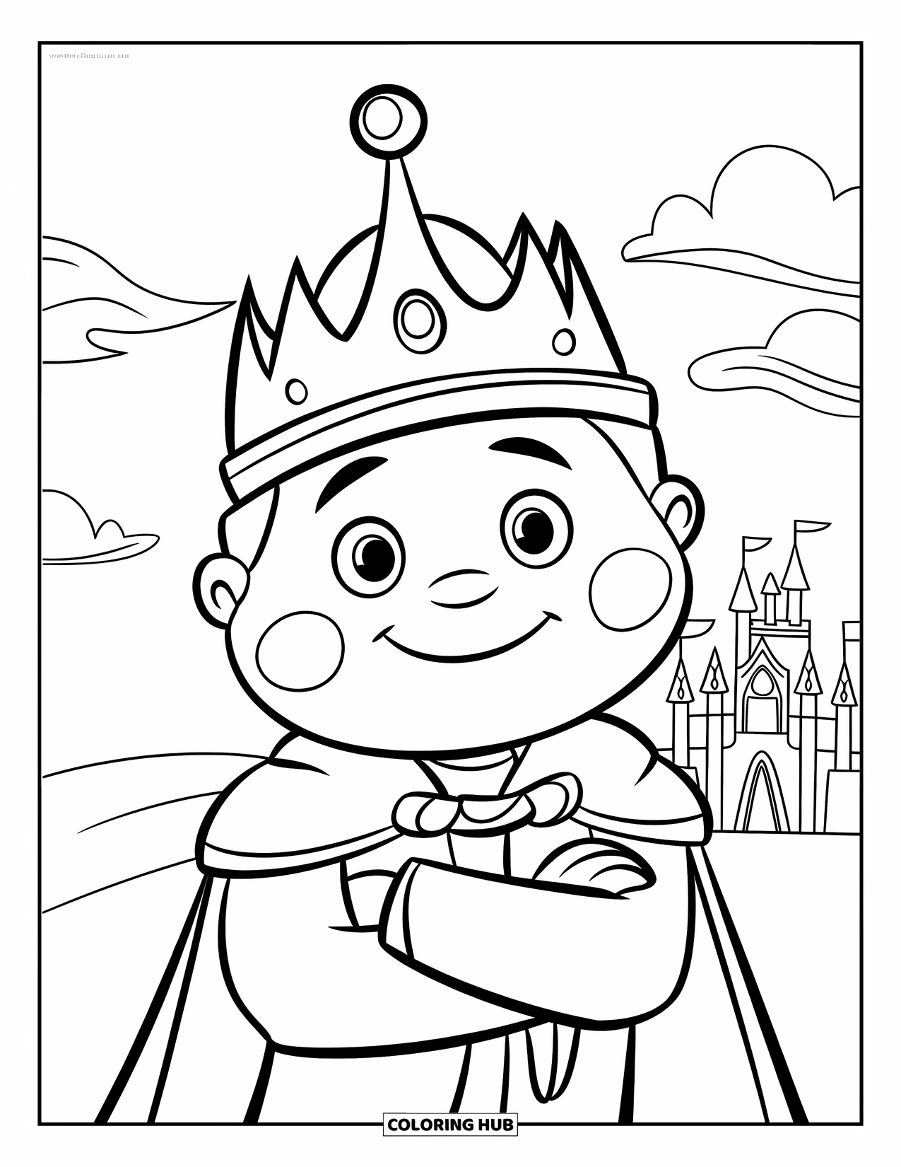 King Coloring Page for Kids: A cheerful king with round cheeks stands proudly before his castle