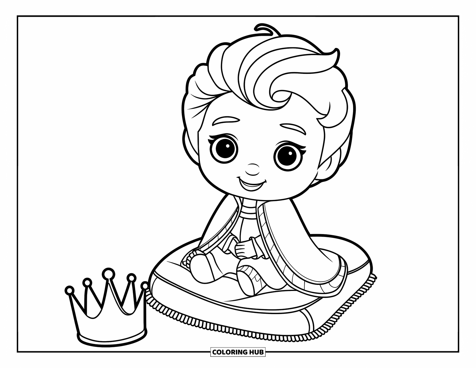King Coloring Page for Kids: A cute king sits on a cushion beside a small crown