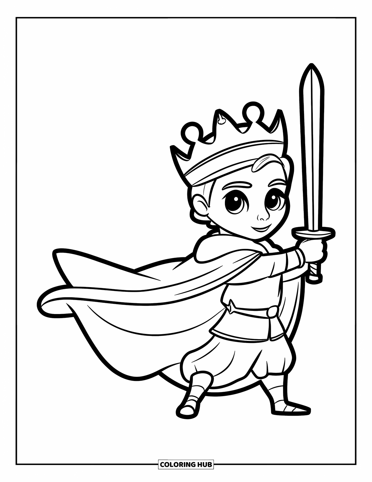 King Coloring Page for Kids: A cute king smiles proudly while holding his sword and robe