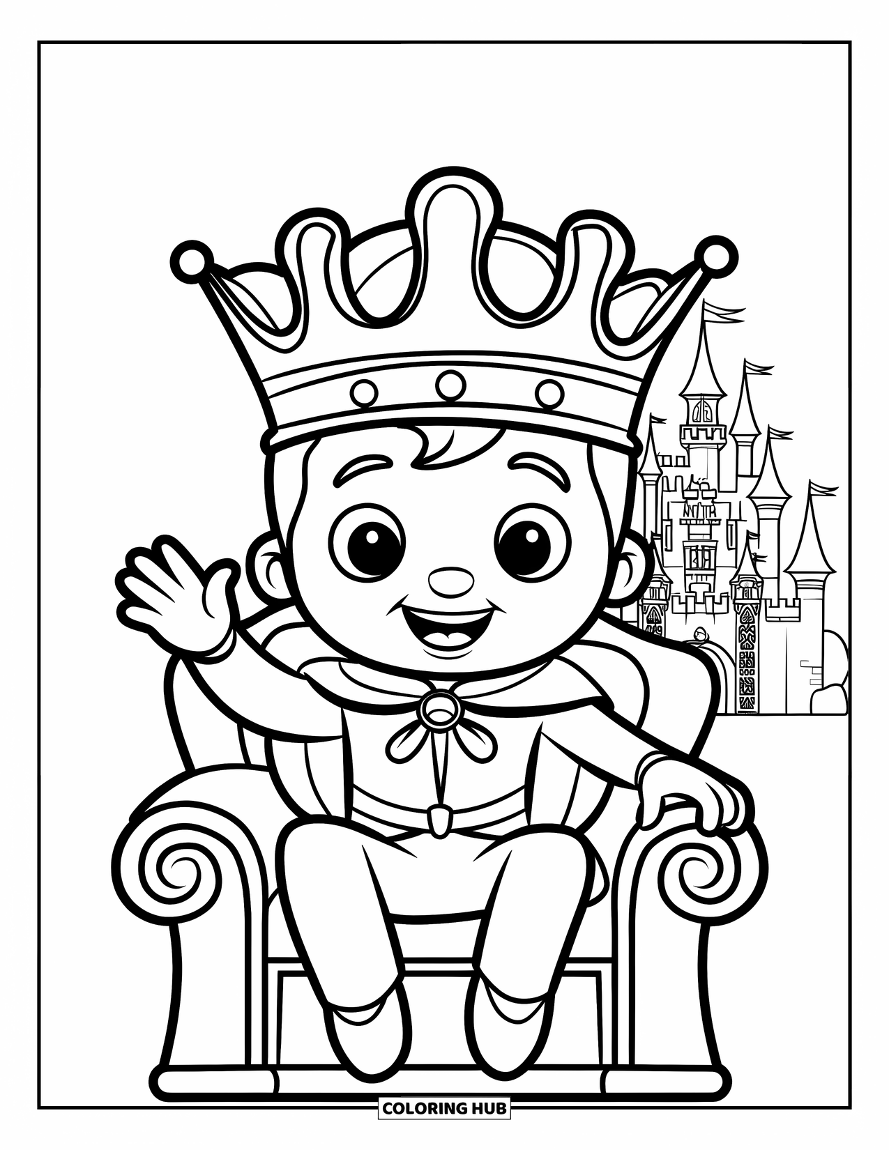 King Coloring Page for Kids: A cute king with a big crown waves happily from his throne