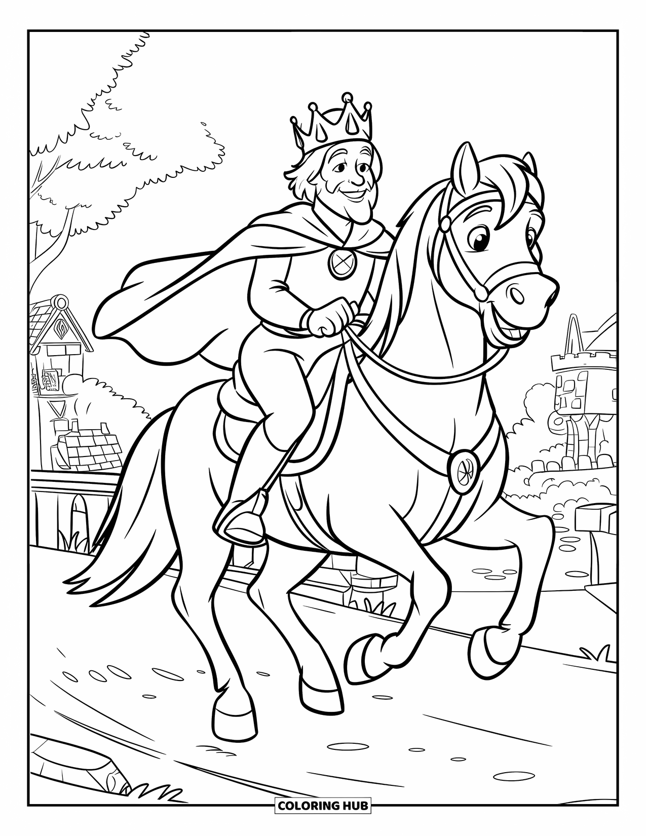 King Coloring Page for Kids: A friendly king rides his horse through the lively kingdom