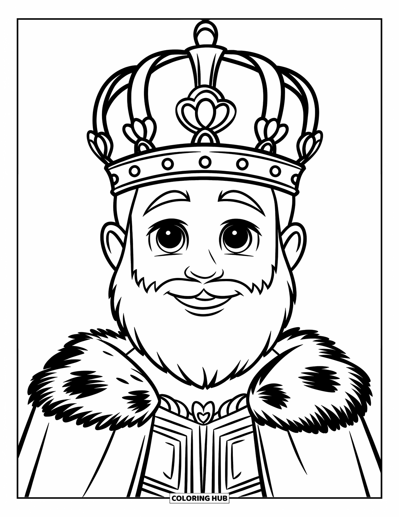King Coloring Page for Kids: A gentle king with a beard smiles warmly in his royal portrait