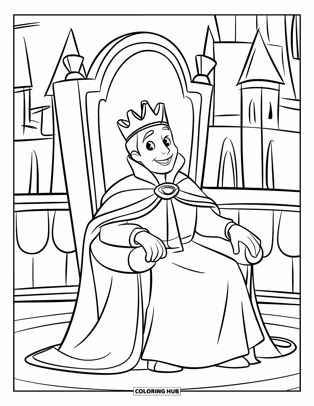 King Coloring Page for Kids: A happy king sits on a throne beside a tall castle