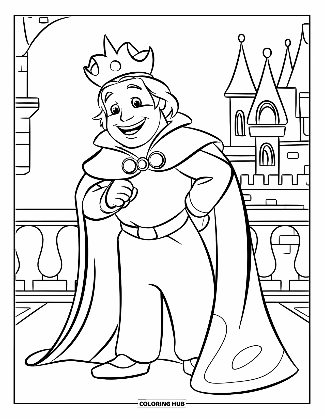 King Coloring Page for Kids: A joyful king in a long cape stands proudly near his castle