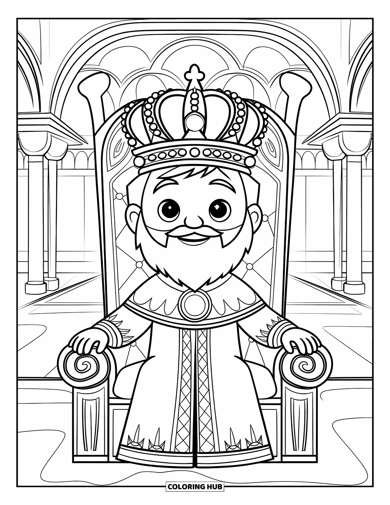 King Coloring Page for Kids: A joyful king with a beard sits on an ornate throne in a grand hall