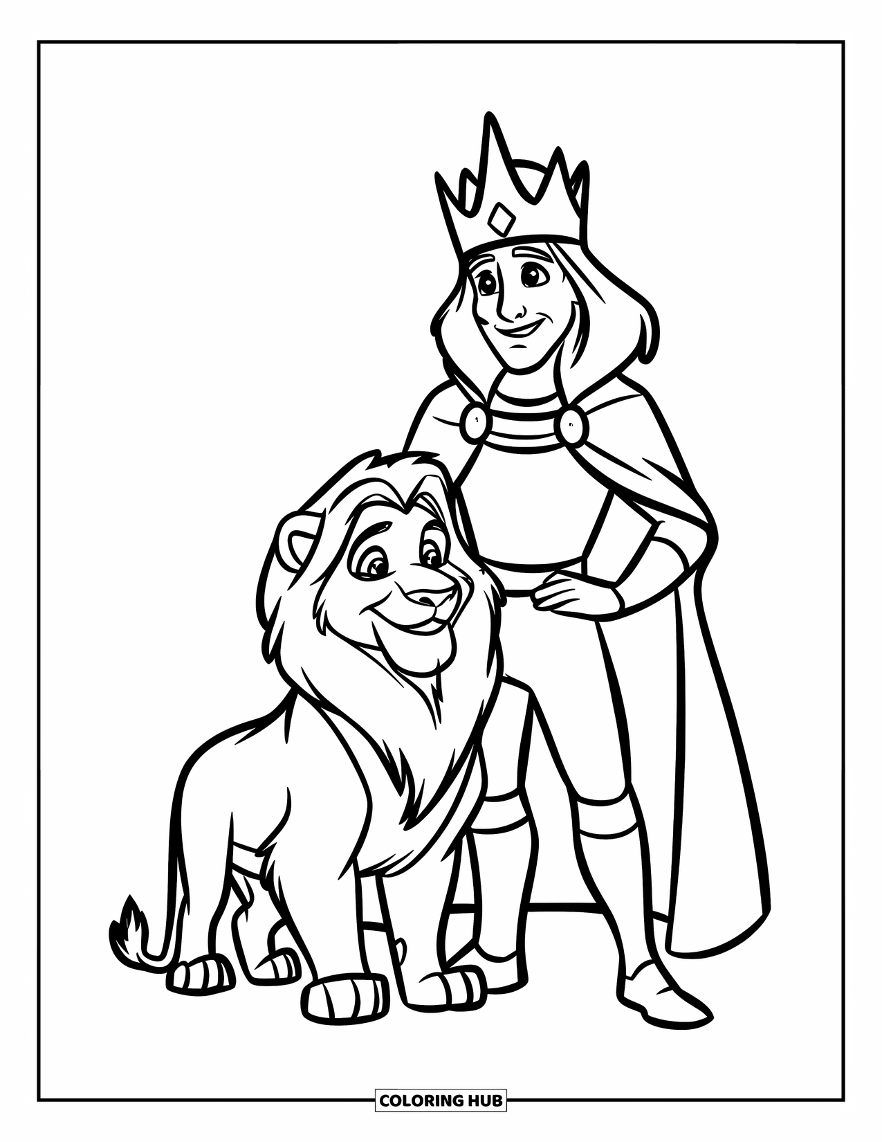 King Coloring Page for Kids: A kind king stands happily with his gentle pet lion