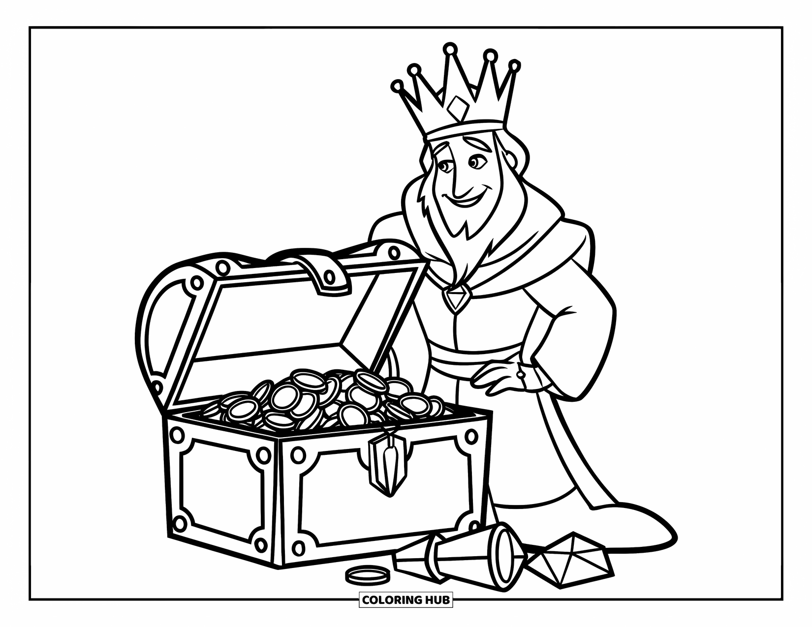 King Coloring Page for Kids: A king stands proudly beside a chest filled with gold and jewels
