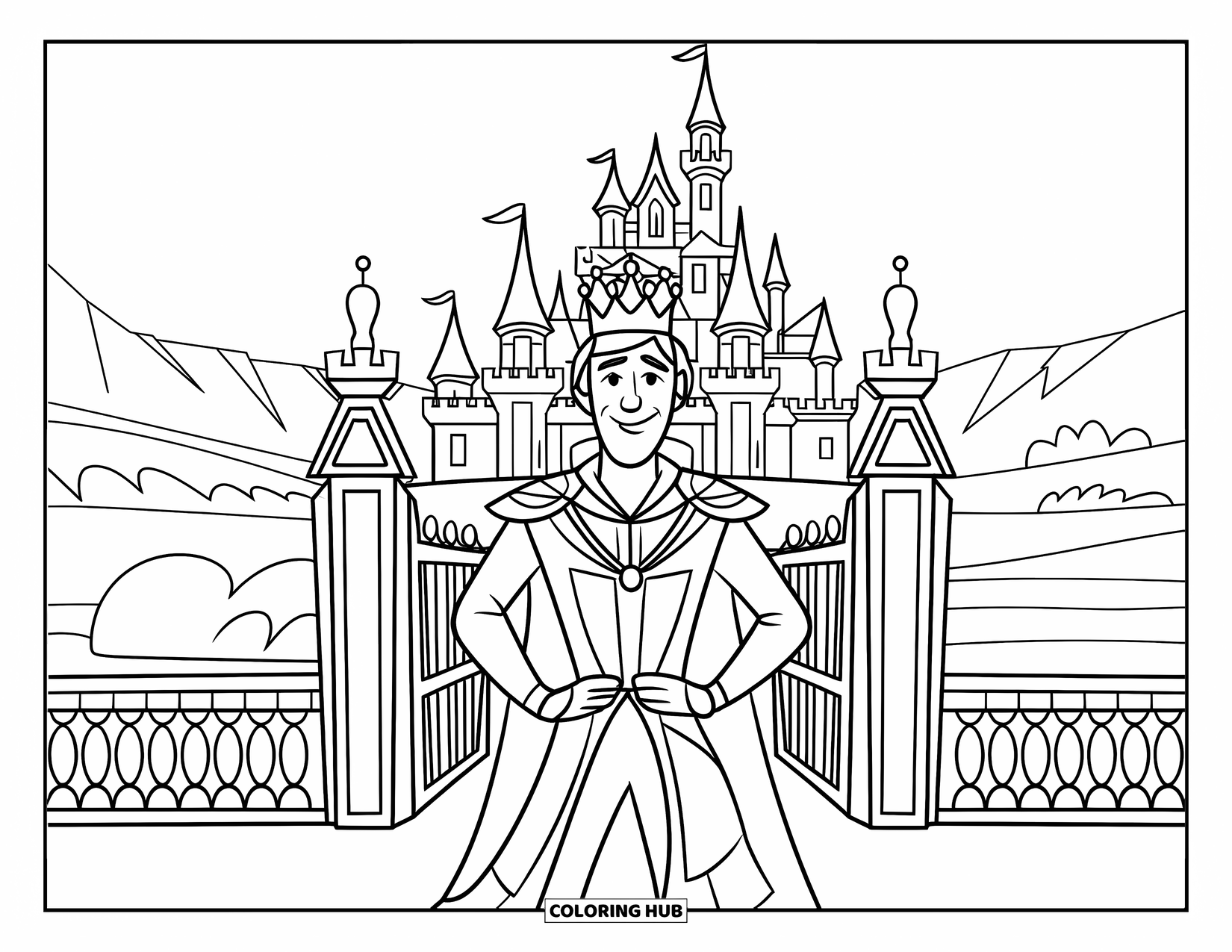 King Coloring Page for Kids: A king with a crown stands before his castle by the water