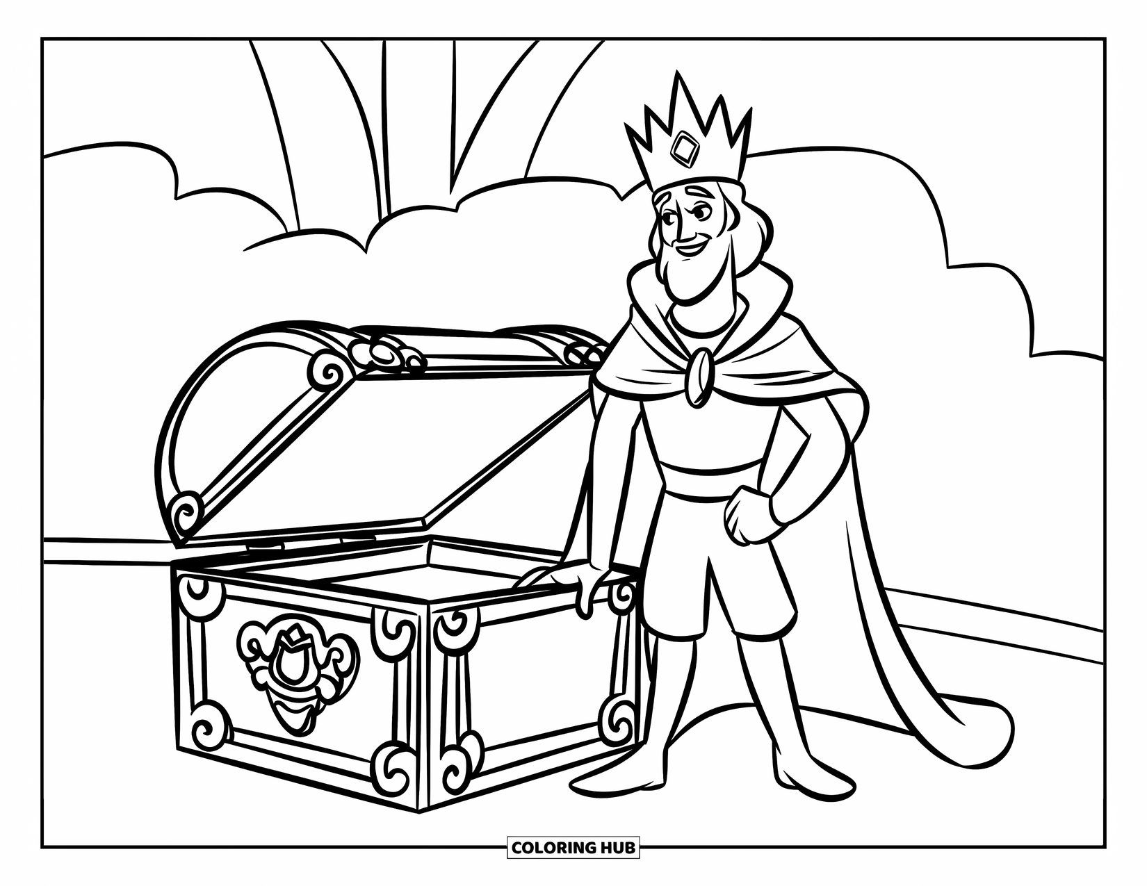 King Coloring Page for Kids: A noble king stands beside an ornate treasure chest