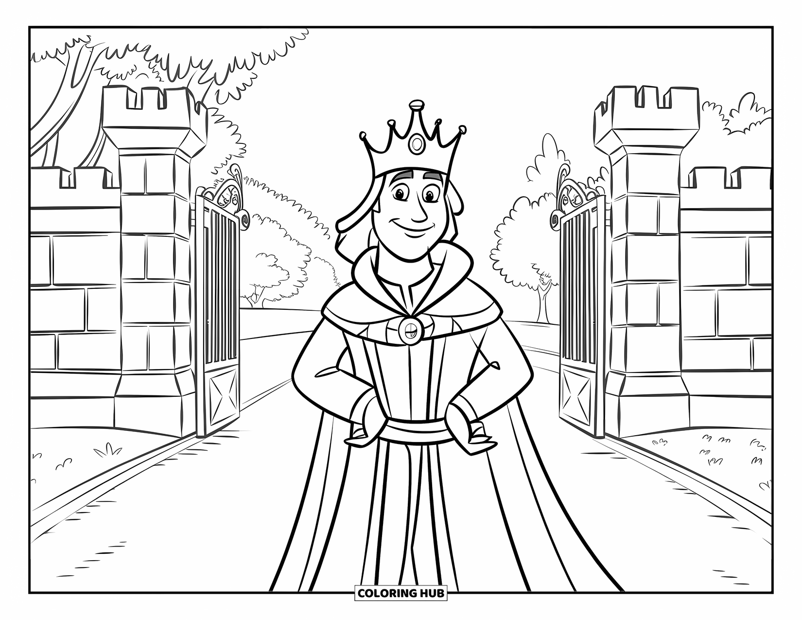 King Coloring Page for Kids: A royal king stands before ornate castle gates and trees