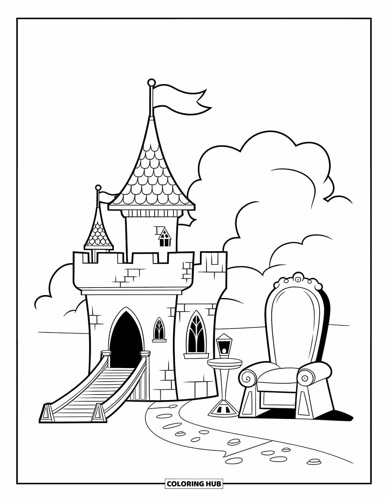 King Coloring Page for Kids: A small castle with a flag and throne stands under cloudy skies