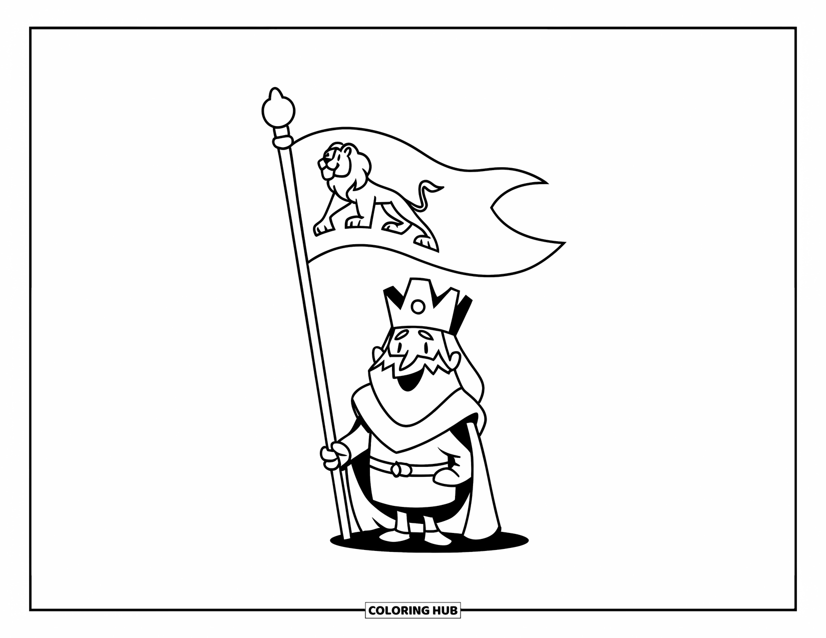 King Coloring Page for Kids: A smiling king poses beneath his royal banner with a lion symbol