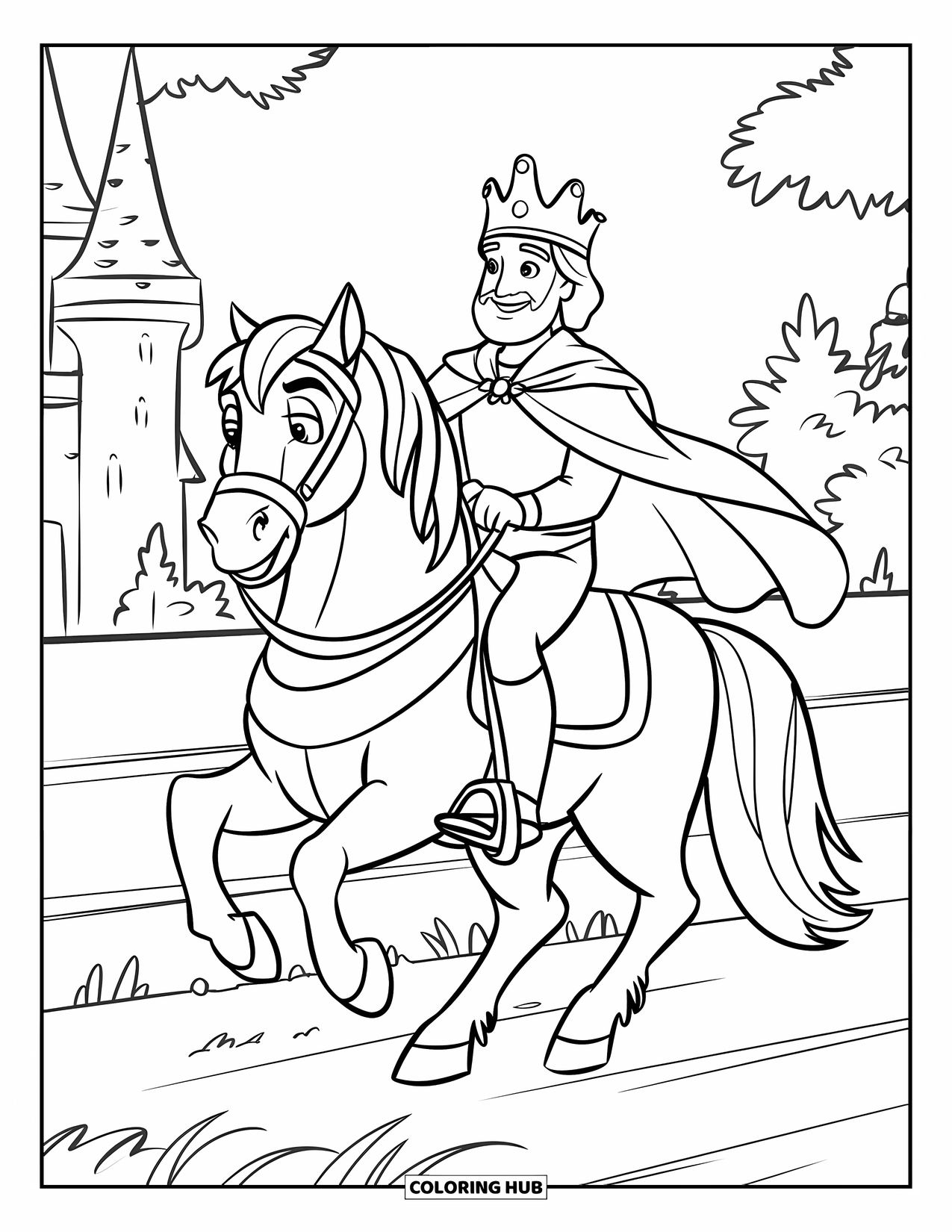 King Coloring Page for Kids: A smiling king rides his horse proudly through his kingdom