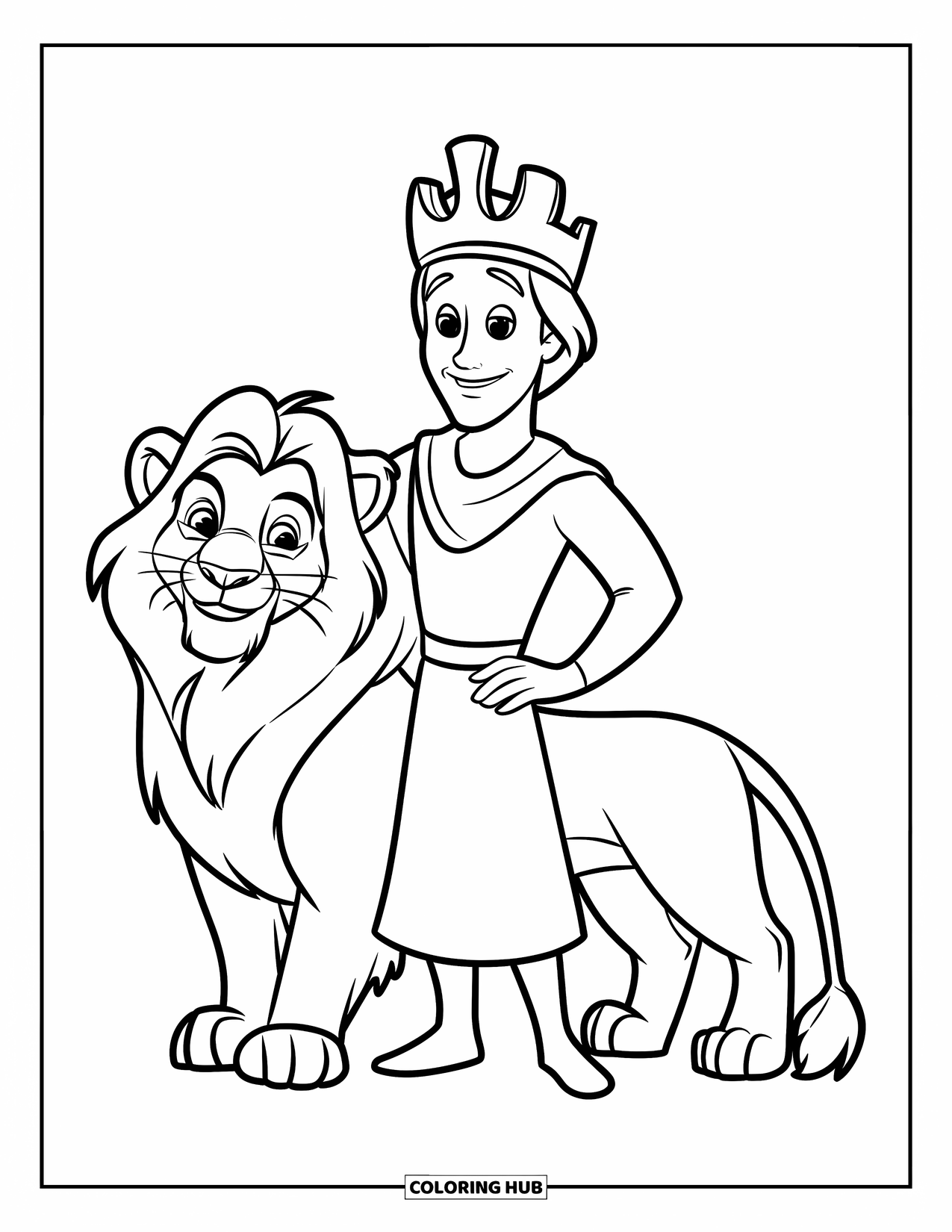 King Coloring Page for Kids: A smiling king stands next to his lion with a collar