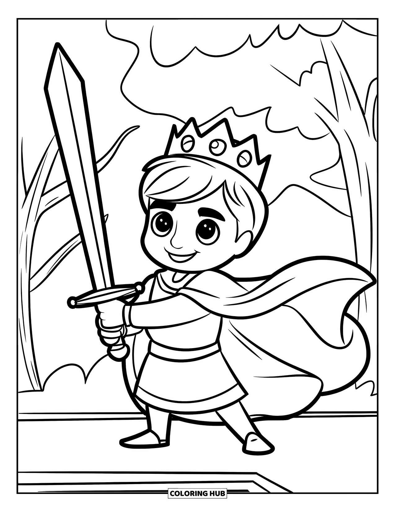 King Coloring Page for Kids: A smiling king stands with his sword near trees and a platform