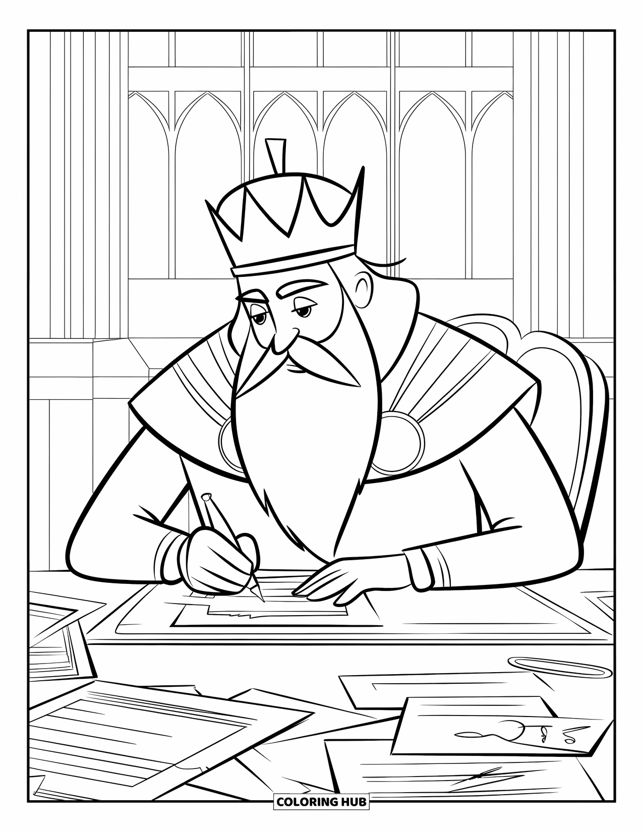 King Coloring Page for Kids: A wise king signs a royal document in his grand chamber