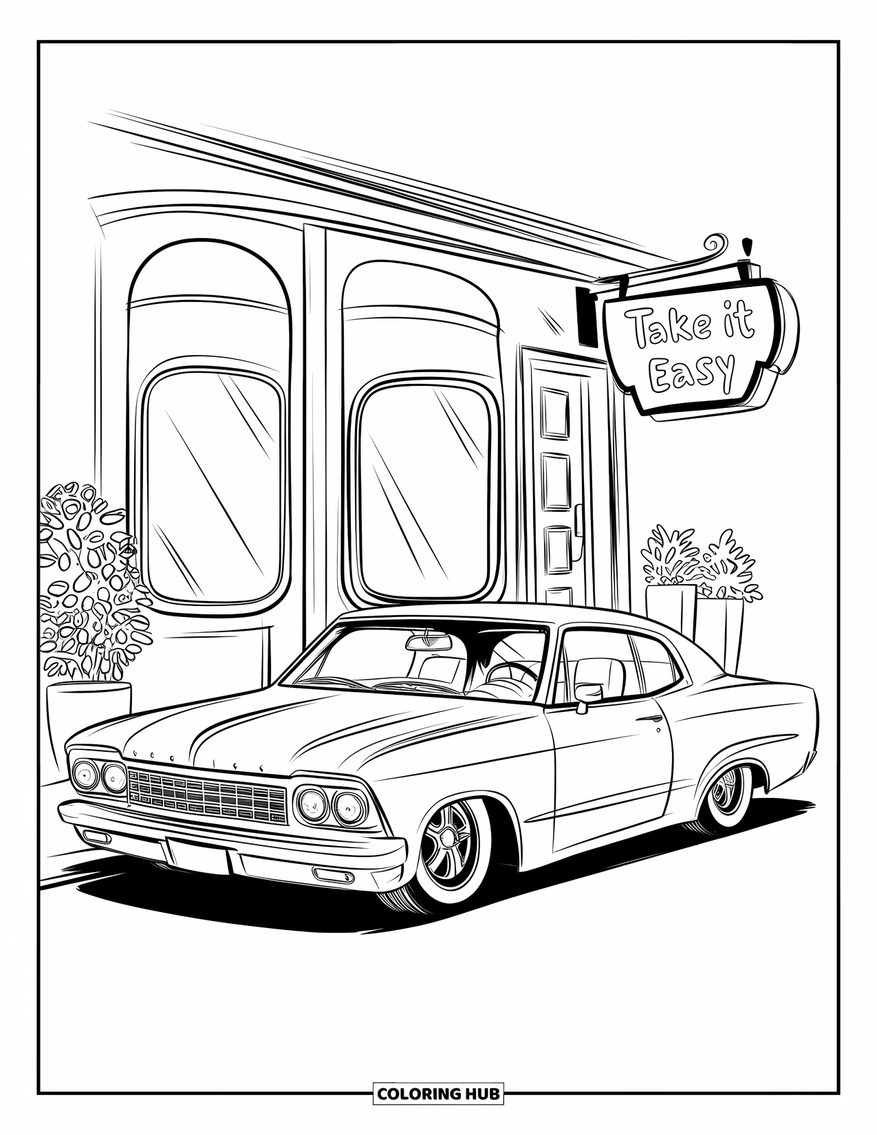 Lowrider Coloring Page for Adults: A cheerful lowrider beside a small cafÈ with potted plants
