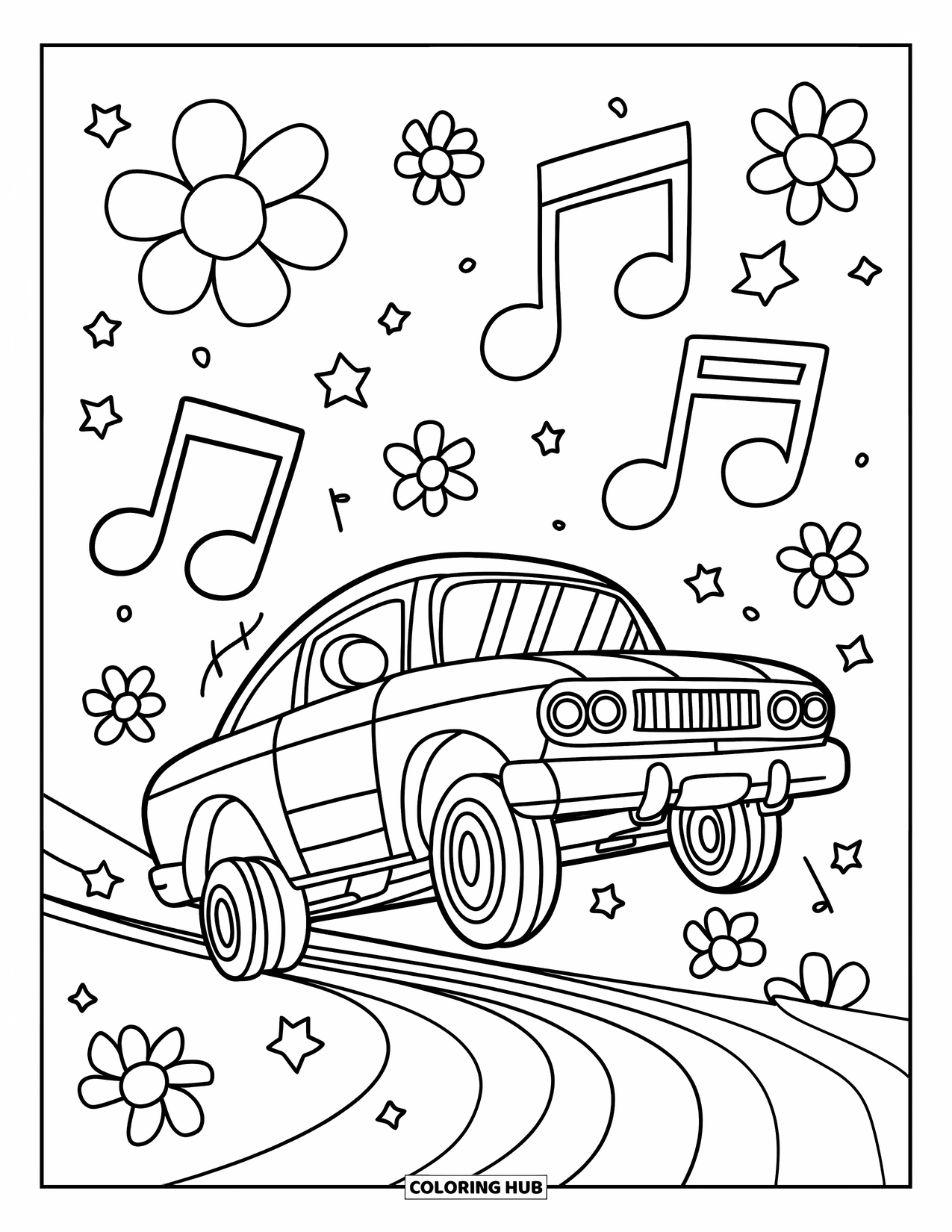 Lowrider Coloring Page for Adults: A cheerful lowrider bounces with music notes and flowers around it
