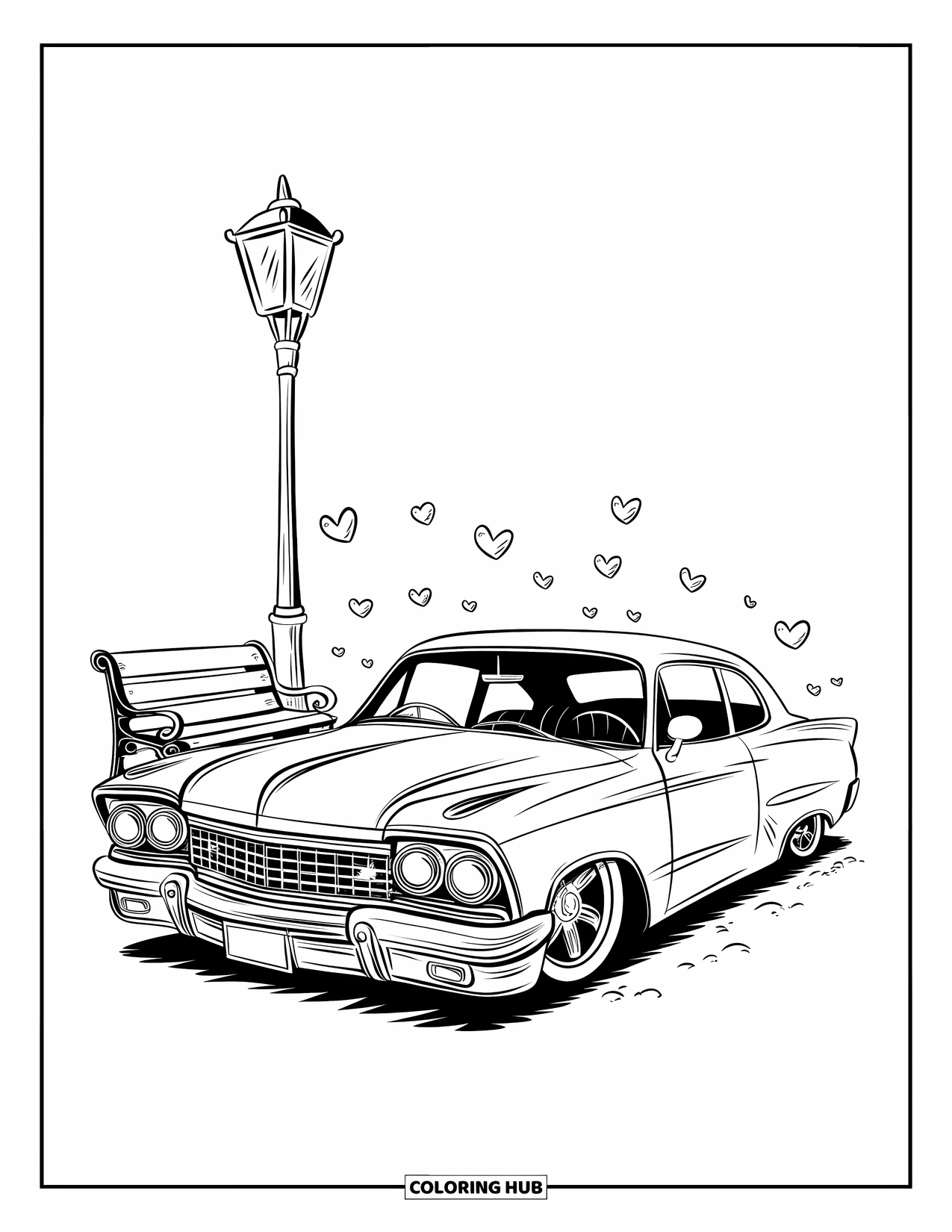 Lowrider Coloring Page for Adults: A cozy lowrider beside a bench and streetlamp with tiny hearts