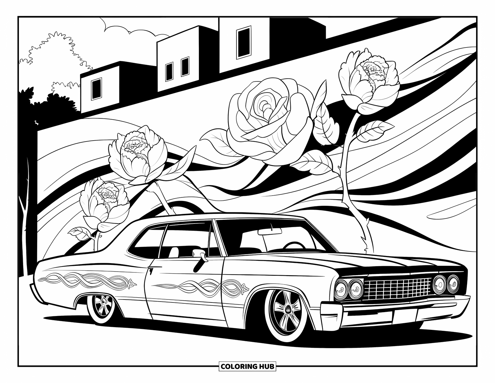 Lowrider Coloring Page for Adults: A detailed lowrider in front of a rose mural with buildings nearby